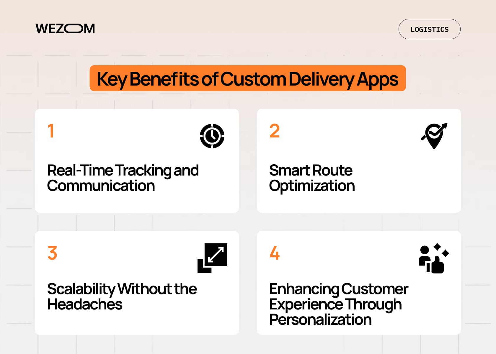 Key benefits of custom delivery apps including real-time tracking, smart route optimization, scalability, and personalized customer experience for last mile delivery optimization. Key benefits of custom delivery apps including real-time tracking, smart route optimization, scalability, and personalized customer experience for last mile delivery optimization.